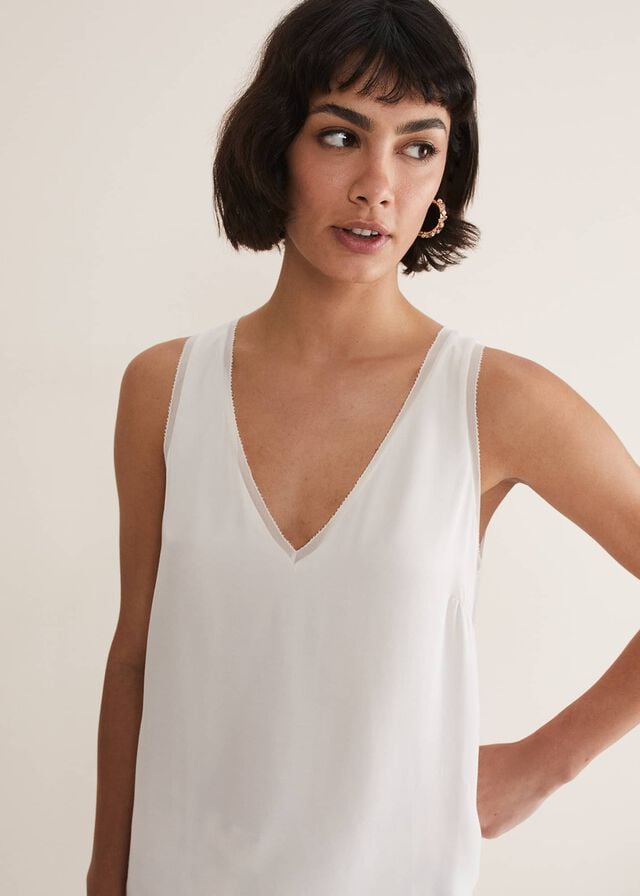 White Phase Eight Bellamy Satin Sleeveless T Shirts | 6807SRUWE