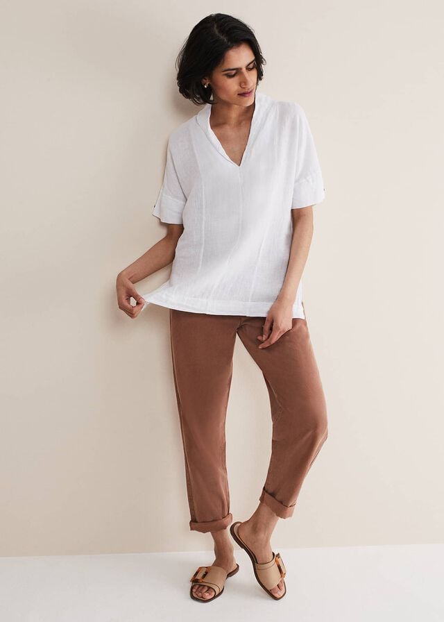 White Phase Eight Carita V-Neck Linen Shirts | 6317LDGUO