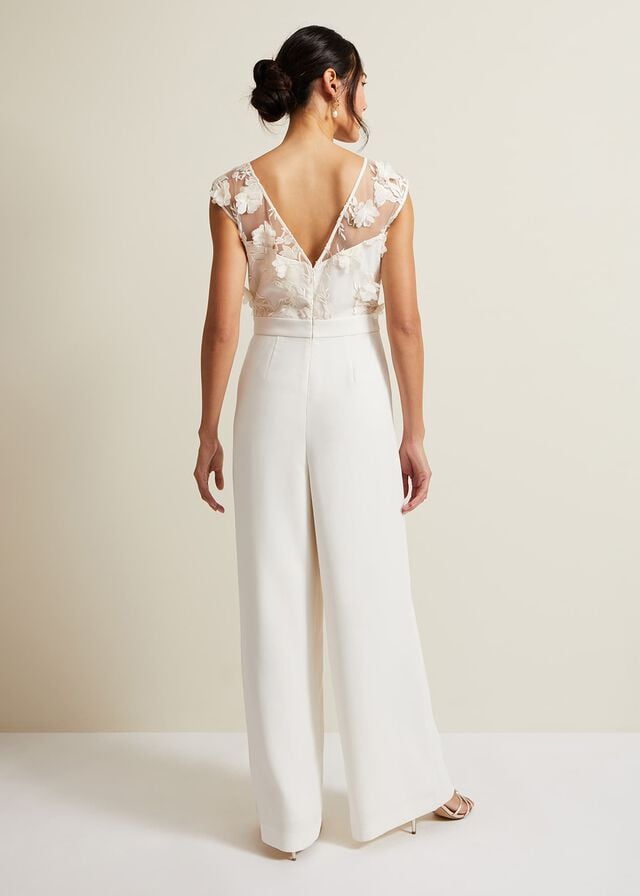 White Phase Eight Cherie Bridal Floral Textured Jumpsuit | 9658CWMED