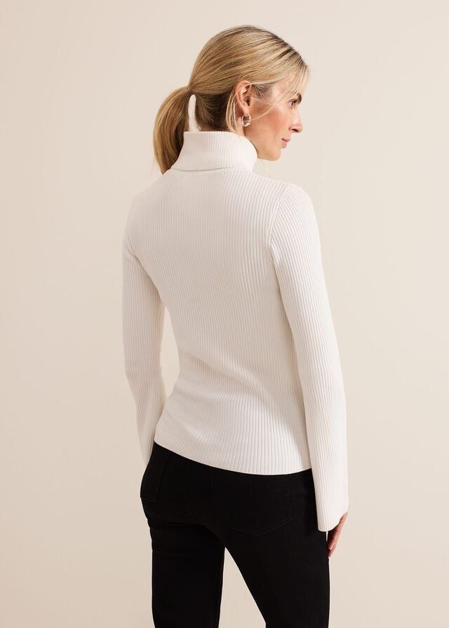 White Phase Eight Fran Fluted Sleeve Ribbed Roll Neck Knitwear | 6128OIFLG