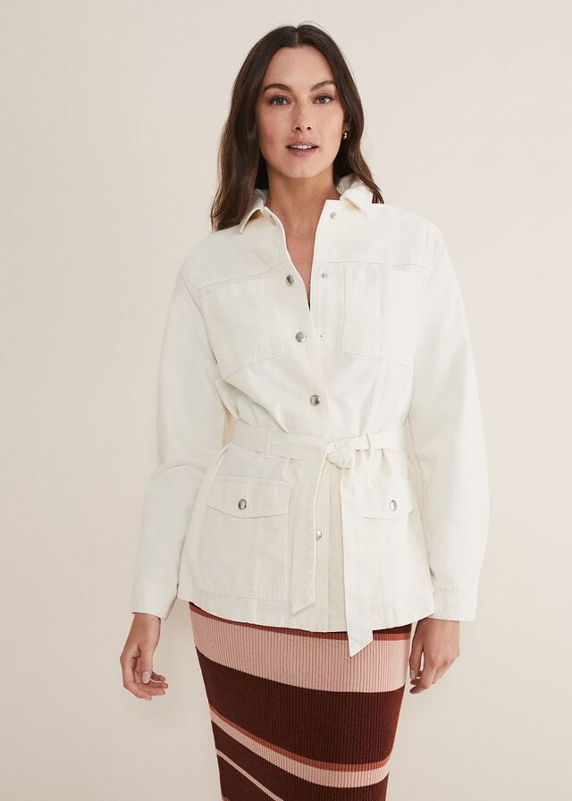 White Phase Eight Jannah Belted Denim Shacket Jackets | 7149ZKLCE