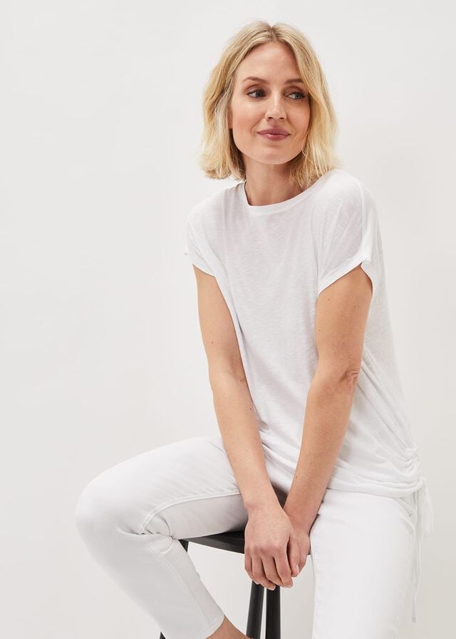 White Phase Eight Jinny Ruched Side T Shirts | 2019NAWEV