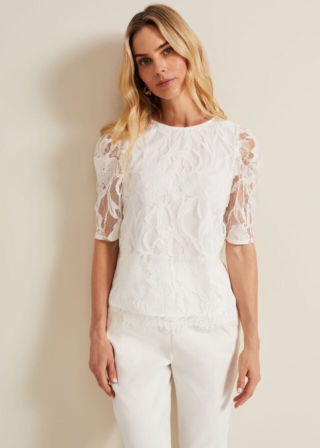 White Phase Eight Kaycee Scallop Lace T Shirts | 3150ZUIBQ