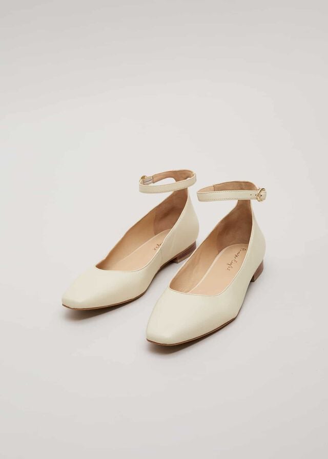 White Phase Eight Leather Almond Toe Strap Ballerina Flats | 6248DIFSJ