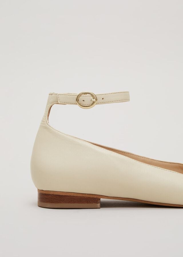 White Phase Eight Leather Almond Toe Strap Ballerina Flats | 6248DIFSJ