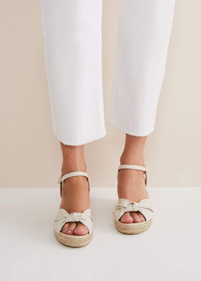 White Phase Eight Leather Knot Front Espadrilles Flats | 0274BTUGJ