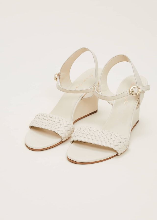 White Phase Eight Leather Plait Strap Wedge Heels | 1472MAQKJ