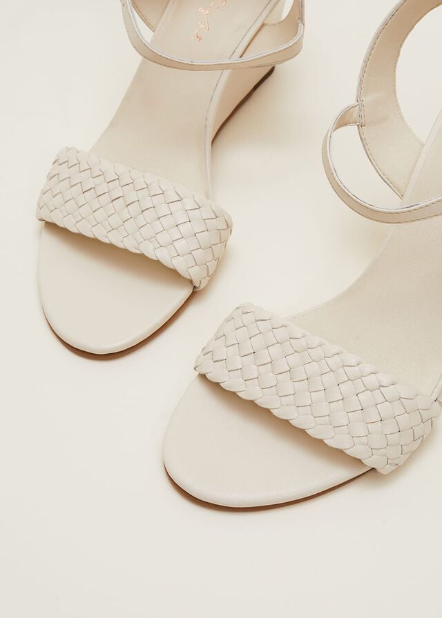 White Phase Eight Leather Plait Strap Wedge Heels | 1472MAQKJ