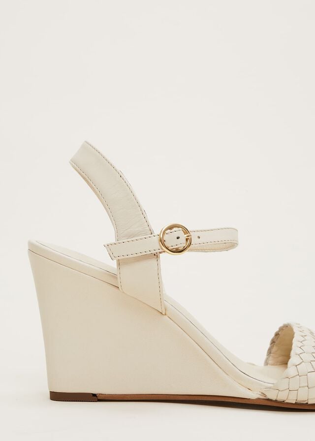 White Phase Eight Leather Plait Strap Wedge Heels | 1472MAQKJ