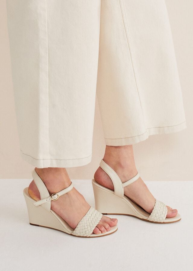 White Phase Eight Leather Plait Strap Wedge Heels | 1472MAQKJ