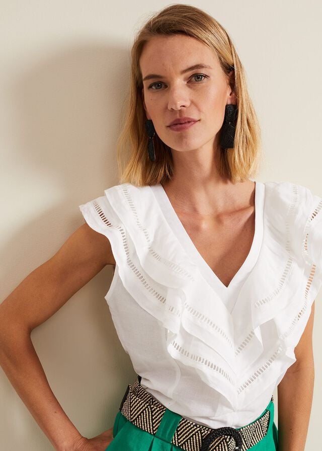 White Phase Eight Rosey Linen Ruffle Shirts | 7905ROBUJ