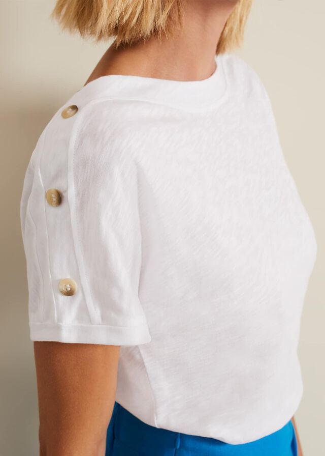 White Phase Eight Suzie Button Detail T Shirts | 1376MCNLI